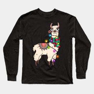 Funny Llama Wrapped in Christmas Lights Llama Lover Xmas Gift Long Sleeve T-Shirt